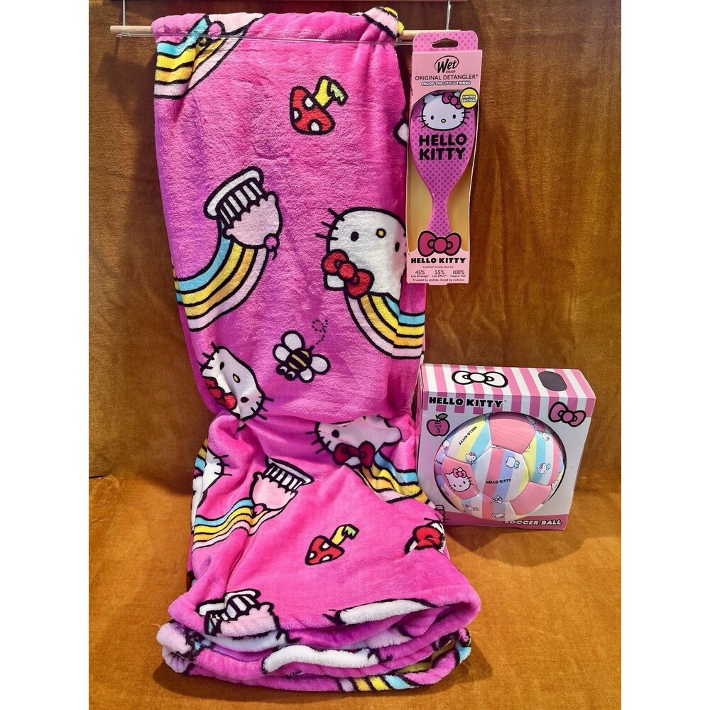 Hello Kitty Pink Rainbow Silk TouchThrow Blanket 50 x 70”/Hair Brush/SoccerBall